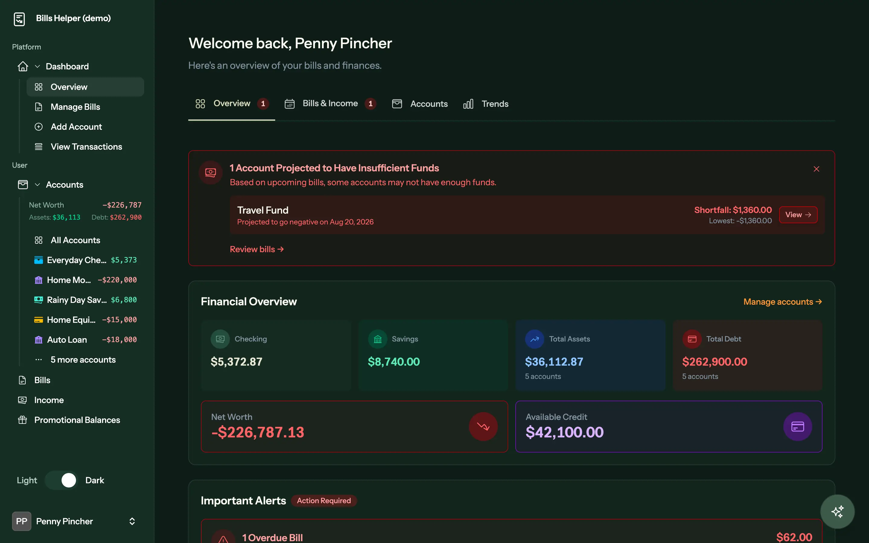 Bills Helper dashboard showing net worth, checking and savings balances, total assets and debt, and an insufficient-funds projection alert