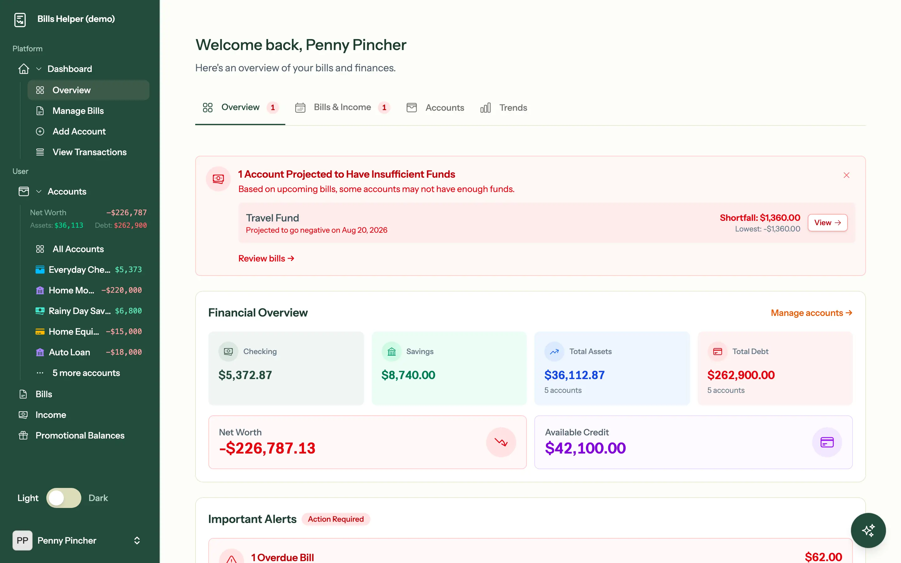 The same Bills Helper dashboard rendered in light mode
