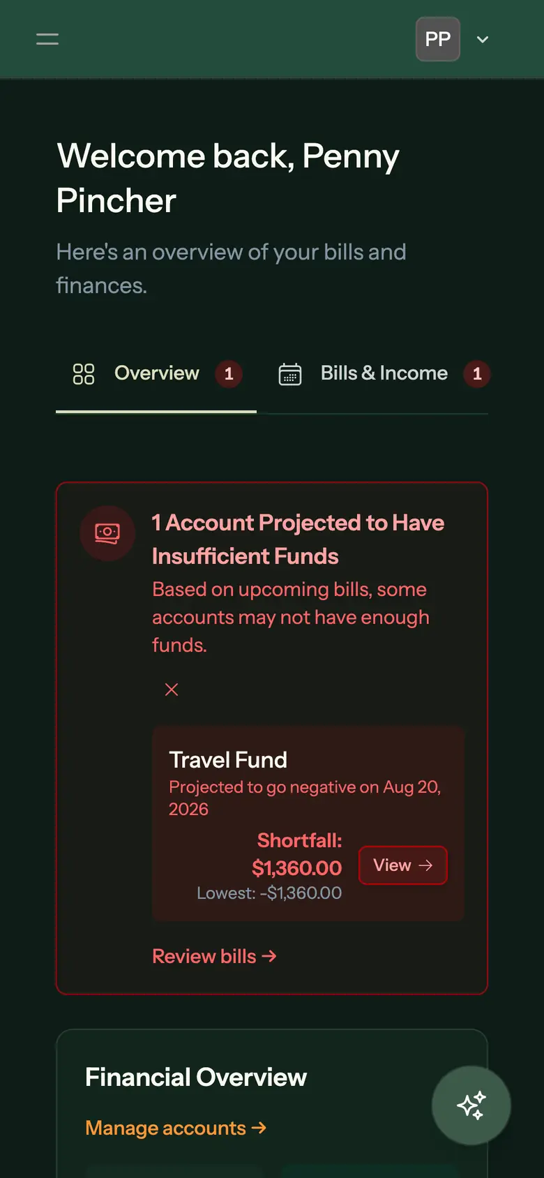 Bills Helper dashboard on a phone-sized screen with a collapsed navigation menu and stacked cards