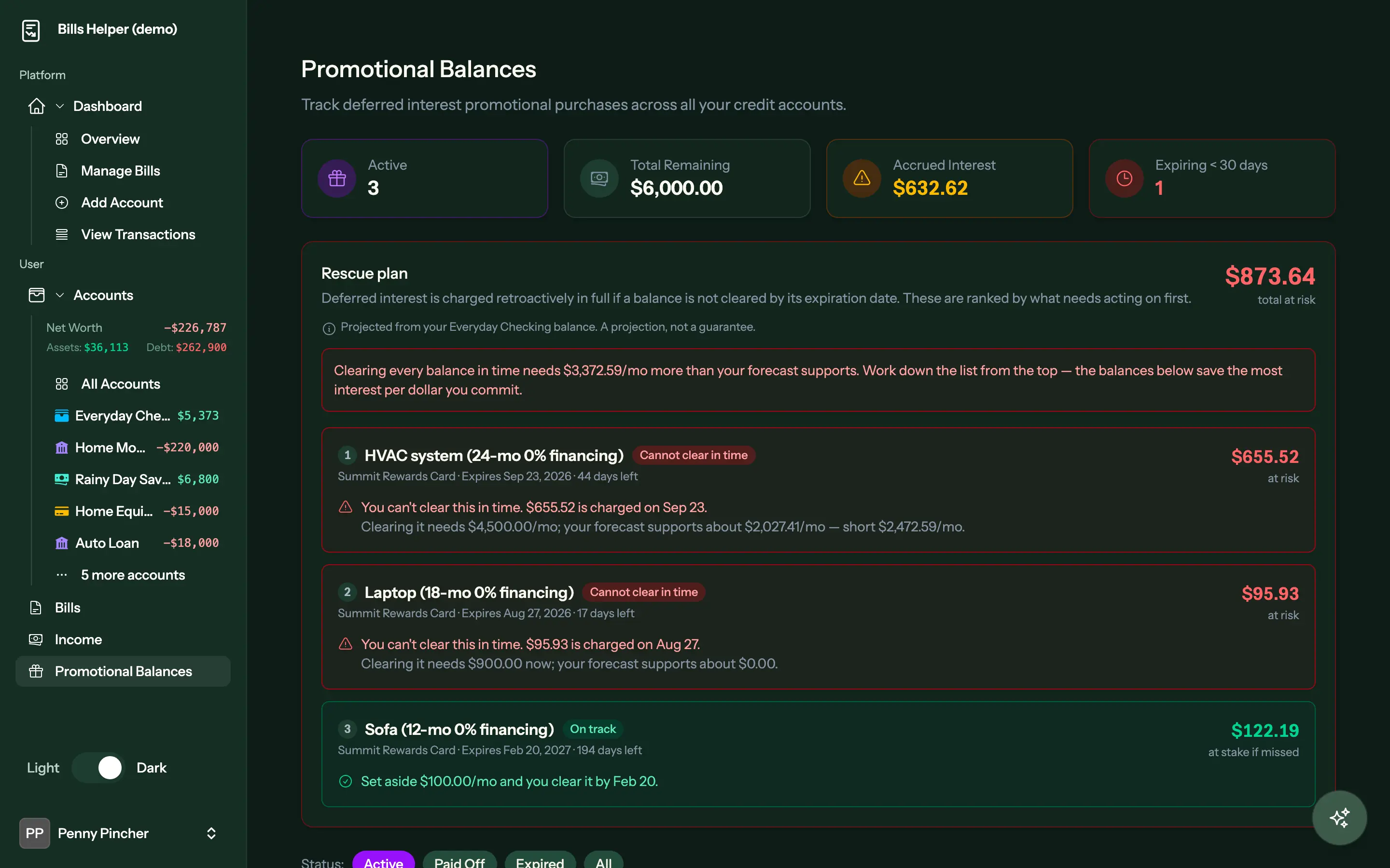 Promotional balances screen ranking three 0% APR purchases by deferred interest at risk, each showing the monthly payment needed to clear it in time